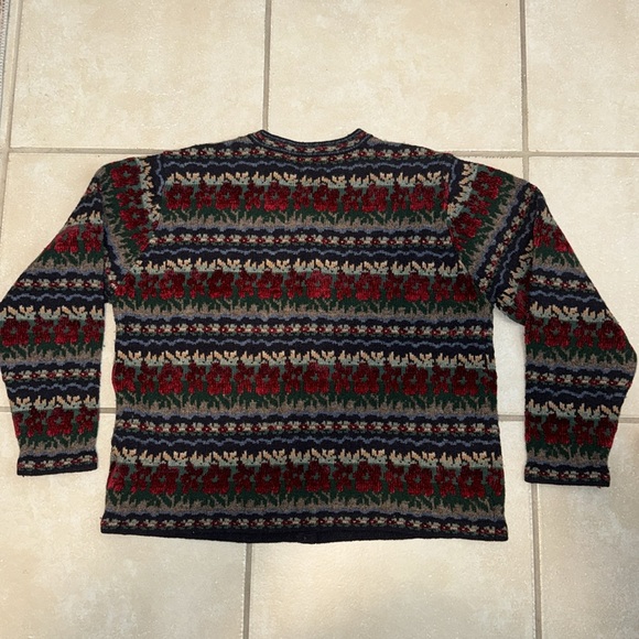 Talbot’s Large heavy wool Nordic Fair Isle red, navy green gray cardigan sweater - Picture 6 of 9